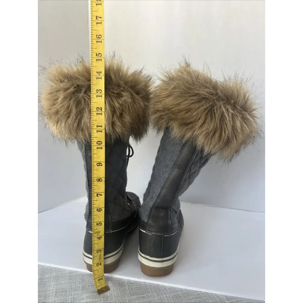Global Win Women 9.5 Grey Lace-Up Quilted Faux Lambswool Lined Boot W1707-2